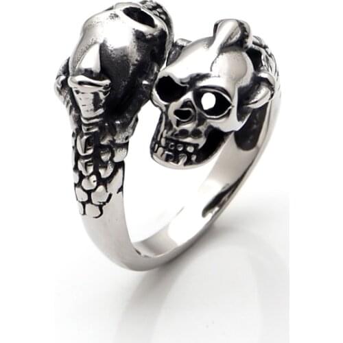 Free Shipping Punk 316L Stainless Steel Double Skull Head Ring For Man Eagle Claw Skeleton Head Ring Jewelry