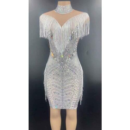 Sparkly Silver Rhinestone Fringe Mesh Short Dress Women Birthday Celebrate Mesh Transparent Party Dress Stage Bar Club Outfit