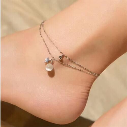 Real 925 Sterling Silver Exquisiteness Anklets Pendant with Opal Moon & Star Double Layers Cross Chain Summer Ankle Modification