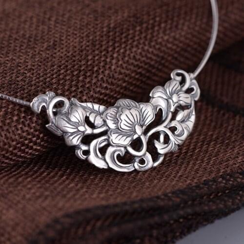 FNJ 990 Silver Pendant for Jewelry Women Original Pure S990 Sterling Silver Pendants Vintage Hollow Peony