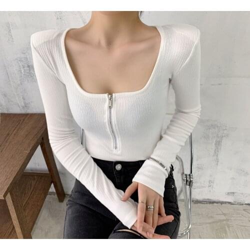 Women T-Shirt Long Sleeve Korean Basic Cotton Sexy Tshirt Top Lady Clothing Spring Fall Zipper U-Neck T Shirt Femme Black White