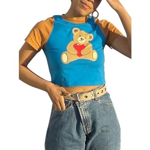 Womens Cartoon Bear Print T-Shirt, Summer Short Sleeve Color Block Slim Fit Crop Tops