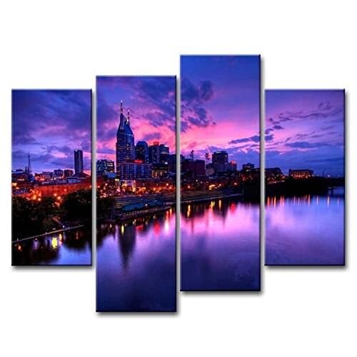 City Landscape Paintings Wall Art Nashville USA Cumberland River Twilight Lights 4 panel Picture Print on Canvas Drop shipping