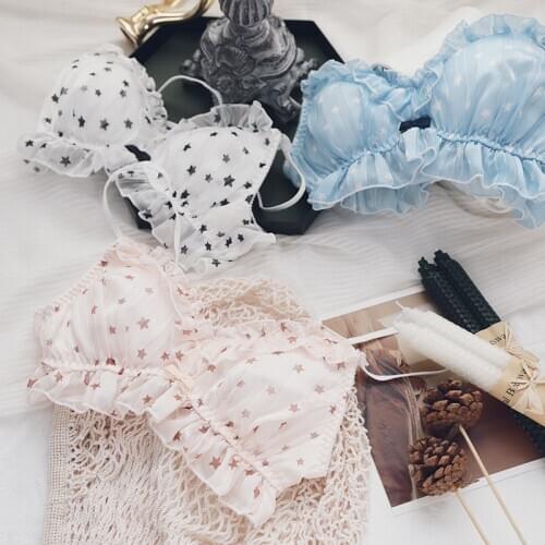 Honviey lingerie set breathable sweet starry girl jacquard silver silk chiffon bra set cute star fresh briefs underwear set