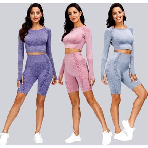 2PCS Seamless Yoga Set Workout Clothes For Women Fitness Clothing Gym Shorts+Long Sleeve Cropped Top Shirt Female Sportswear
