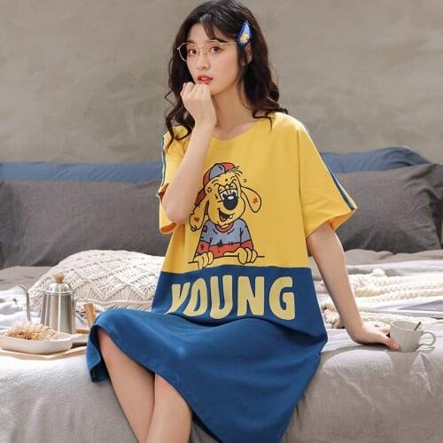 Korean Fashion Sleepwear Summer Women Casual Nightdress Hip Hop Cartoon Print Cotton Sleepshirts Soft Round Collar Home Wear