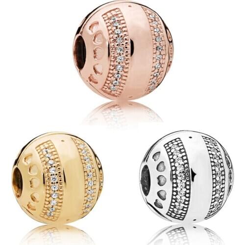 3 Types Clear CZ Signature Round Ball Clip Beads for Charms Bracelets Women Hearts Crystal Beads for Silver 925 Jewelry Making