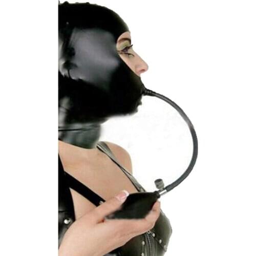 Open Face Latex Hoods with Inflatable Mouth Plug Forced Open Mouth Rubber Mask Handmade