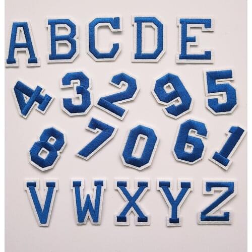 Fashion Blue 26 Letters A-Z Embroidery Patches For Clothing Iron On Patch DIY Applique Clothes T-shirt Stickers Numbers 0-9