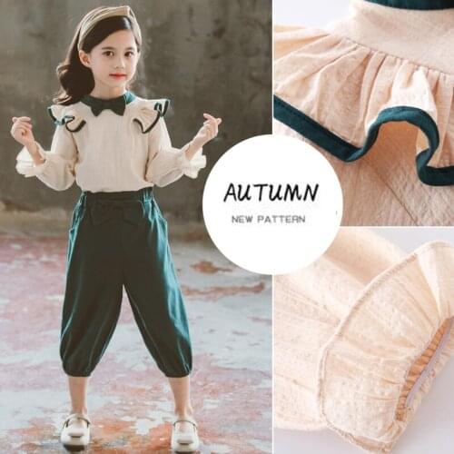 Fashion Girl Clothing Set 2020 New Spring Autumn Ruffle princess Shirt + Bow Pants 2PCS Set teenagers Girl Clothes Suit 3-14Year