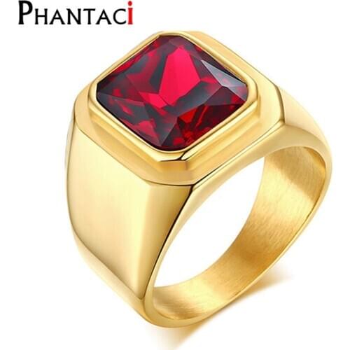 No Fade Red Zircon Stainless Steel Men Ring Gold Color Crystal Hiphop Mens Big Rings Luxury Man Jewelry High Quality