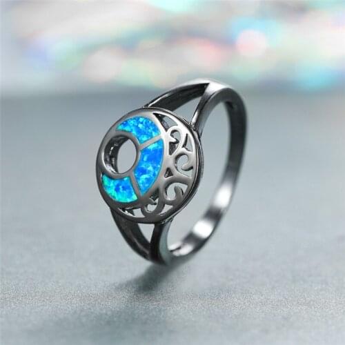 Simple Fashion Wedding Engagement Ring Female Cute Moon Blue Opal Ring Vintage Hollow Black Gold Rings For Women Antique Jewelry
