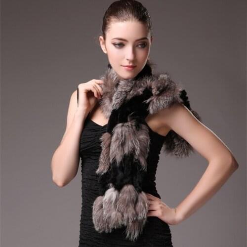 Autumn Winter Womens Genuine Natural Rabbit Fur Muffler Fox Fur Patchwork Lady Warm Scarf Neck Warmers VF0565