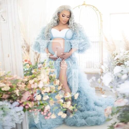 Sexy Light Blue Tulle Maternity Dresses Bridal Robes Half Sleeve Ruffles Layers Sweep Train Pregnancy Gowns for Photo Shoot 2021