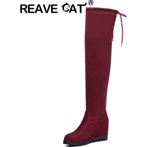 REAVE CAT 2021 Over The Knee Boots Flock Party Platforms Lace Up Internal Increase Flat Heel Wedges US12 Black Red Brown A4476