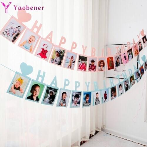 Happy Birthday Photo Frame Banner First Birthday Boy Girl Party Decoration Adult Kids 1st One Year Bunting Garland Supplies