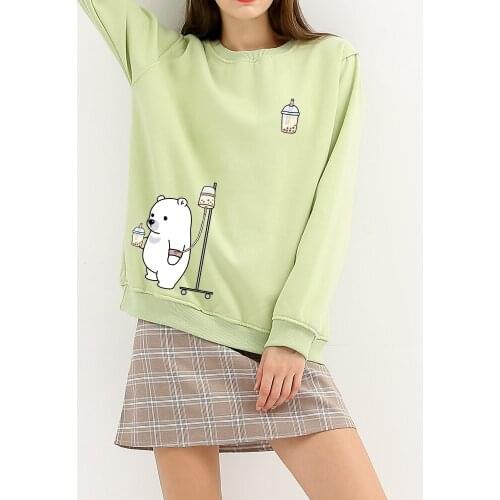 Cute Milk Tea Graphic Sweatshirt Cotton Harajuku Cartoon Jacket 90s Aesthetic Thermal Drop Shoulder Hoodie for Teenager Girls