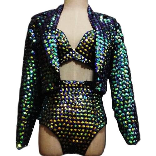 Shining Diamonds Long Sleeve Coat Nightclub Pole Dance Costumes DJ Singer Performance Stage Wear Handmade Bra Shorts Bikini Sets