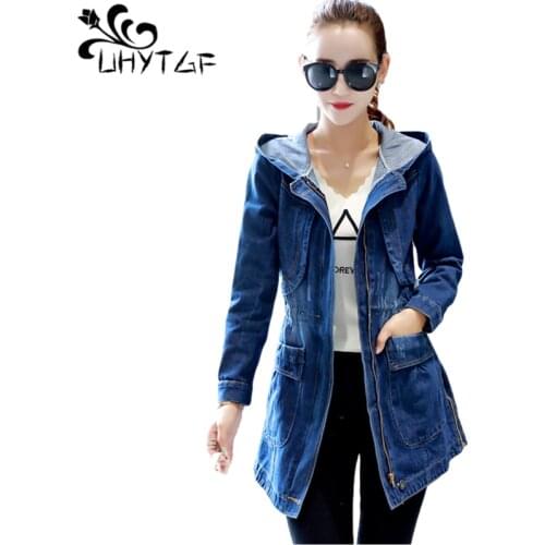 UHYTGF Spring Autumn Jacket Women Hooded Loose Jeans Coats 5XL Plus Size Outwear Ladies Long Sleeve Denim Windbreaker Female 859
