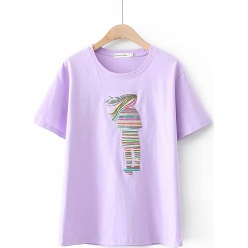 Plus size Cotton Embroidery women tshirts 2021 new summer casual O-Neck black gray Violet ladies t shirts female tops t-shirts