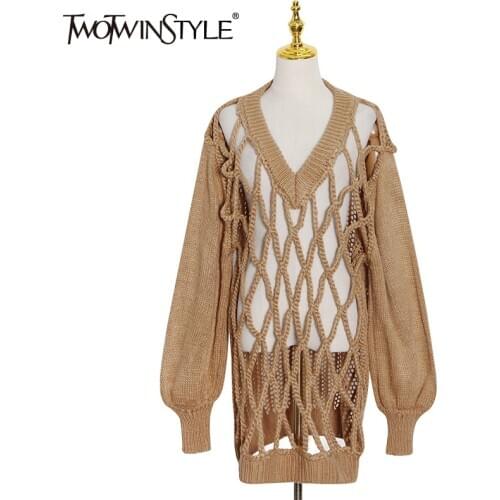 TWOTWINSTYLE Sexy White Hollow Out Knitted Tops For Women V Neck Long Sleeve Casual Oversized Sweater Female Fashion New Autumn