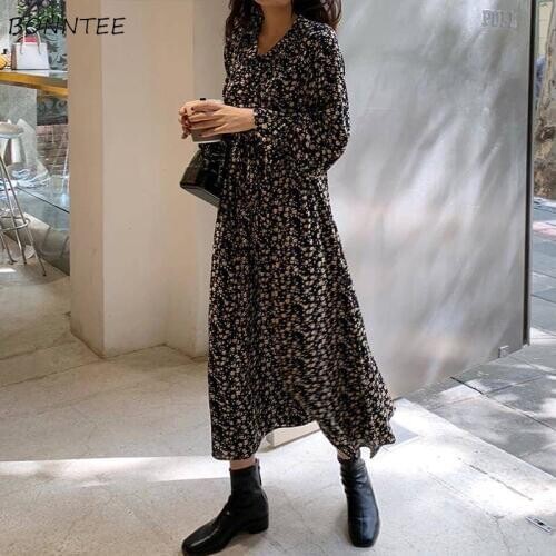 Floral Dress Womens Elegant Trendy Popular Stylish Womens Clothing All-match Simple Spring Autumn Basic Long Sleeve O-neck Daily