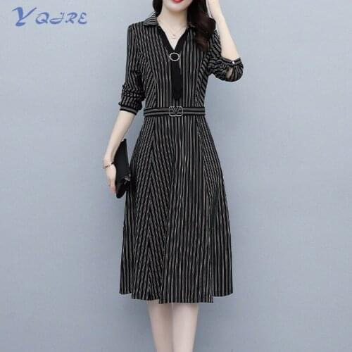 YQJRE Spring and Autumn New Style Professional/Leisure Fashion Polo Collar Womens Waist Long Sleeve Dress