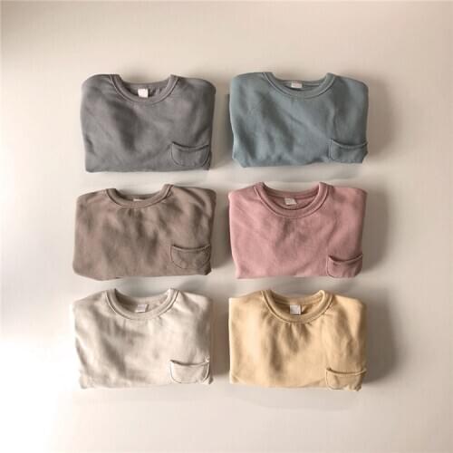 2020 Long Sleeve for Children Sports Suit Korean Boys and Girls round Neck Pure Color Cotton Linen Cotton Hoodie Suit