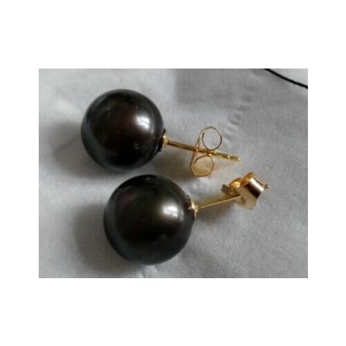 Free shipping>>>>noble jewelry natural round 10-11mm Freshwater black pearl earrings 14K yellow gold