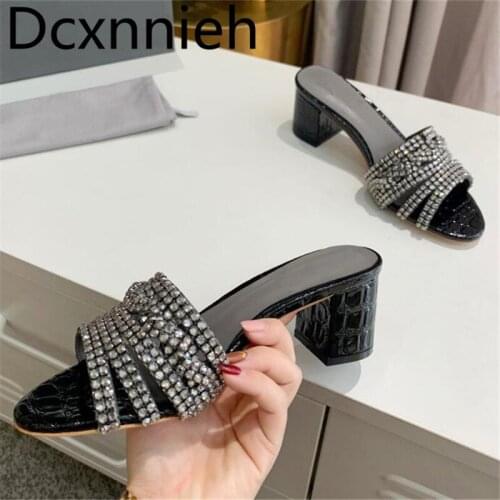 Gold Bling Bling Crystal Slippers Women Square Toe Chunky High Heel Sandals Candy Colors Summer Party Dress Shoes Sandalias 2021