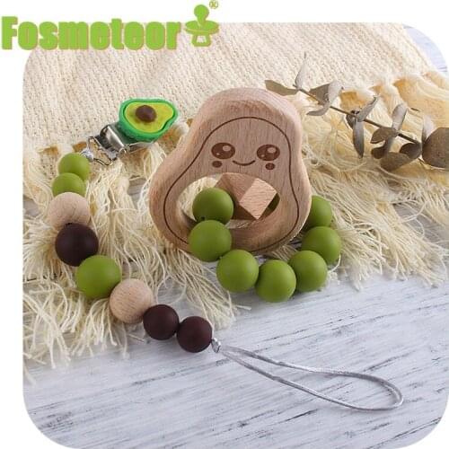 Fosmeteor Baby Pacifier Chain Beech Wooden Avocado Bracelet Teether Dummy Clip Holder Infants BPA Free Silicone Beads Teething