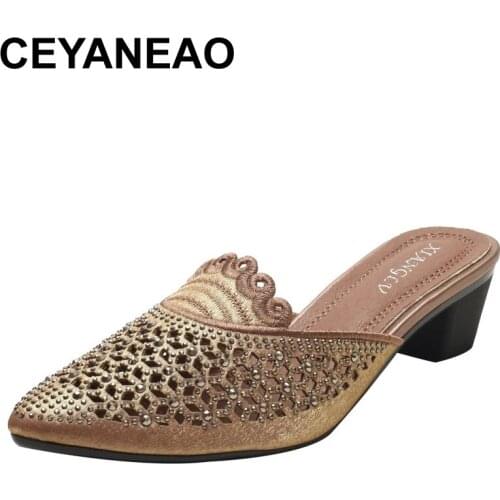 CEYANEAO Baotou half slippers womens outer wear summer new style thick with rhinestone pointed toe fashion ladies high-heeled