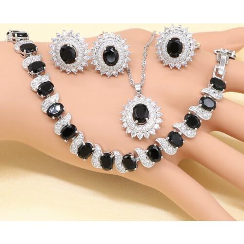 Black Zircon Costume Silver color Jewelry Sets Women Earrings With Stones Bracelets Necklace Pendant Rings Set Jewelry Gift Box