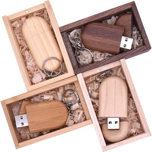 Wooden Usb Flash Drive 2.0 with Box Memory Stick Oval Pendrive 16GB 32GB 4GB 8GB U Disk Pen drive Custom Logo for Gift Wedding