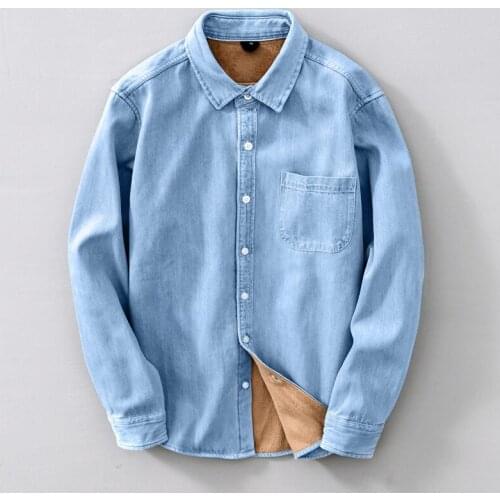 2019 Autumn and winter plus velvet denim shirt men brand warm shirts for men thickness denim shirt mens casual fashion shirts
