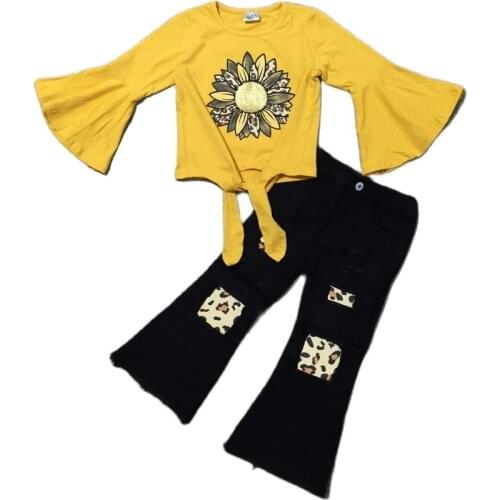 Girlymax Autumn Fall Baby Girls Flare Sleeve Tie Knot Top Leopard Sunflower Mustard Bell-bottoms Jeans Pants Set Kids Clothing
