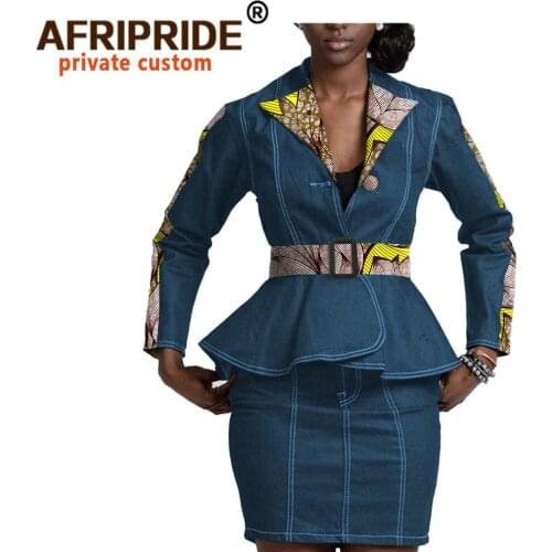 African 2 Piece Set for Women Casual Jeans Denim Suit Outfits Turn-down Collar Top Skirt Set Tracksuit Women Print Wear A2026005