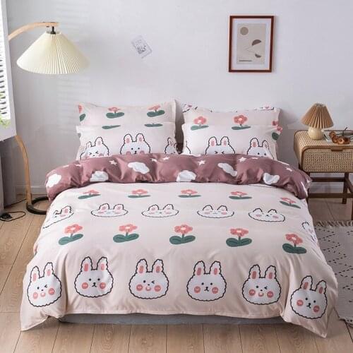 Cartoon White Pink Rabbit Kids Comforter Bedding Set Cute Luxury Fashion King Queen Twin Size Bed Linen Duvet Cover Set Gift