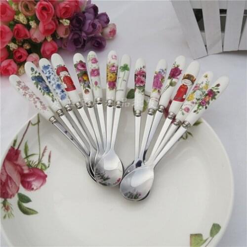 Korean tableware spoon Bone China handle coffee spoon high quality ceramic stainless steel spoon