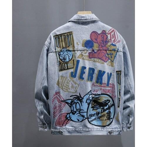 New Mens Personality Beggar Ripped Graffiti Print Denim Jacket Fashion Loose Hip-hop High Street Style Denim Jacket Coat XL
