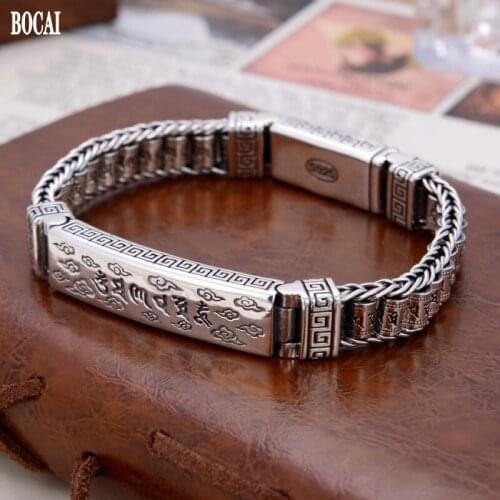 BOCAI 2021 Trend Real S925 Silver Mens Bracelet Hand-woven Six-character Buddhist Mantra Prayer Wheels Good Luck Jewelry
