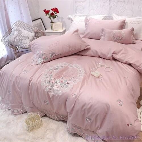 Pure Cotton BeddingSet 4pcs 1.8m Pastoral Princess Style Pink Cotton 60TC Satin Long-Staple Cotton Mbroidered Flower Duvet Cover