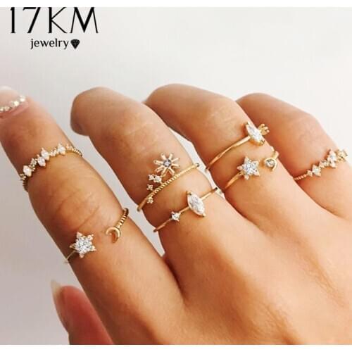 17KM New Vintage Gold Crystal Rings 2020 Bohemian Moon Star Ring For Women Midi Finger Ring Set Wedding Fashion Jewelry Gifts