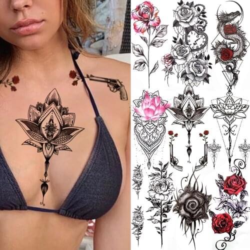 Sexy Lotus Pistol Tattoo Sticker Rose Peony Fake Chains Black Temporary Tattoos For Girl Women Henna Totem 3D Waterproof Tatoo