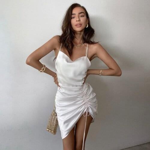 Summer Sexy Bodycon Spaghetti Strap Dress Women Backless Club Mini Dress Elegant Criss Cross Silky Ruched Party Dress Vestidos