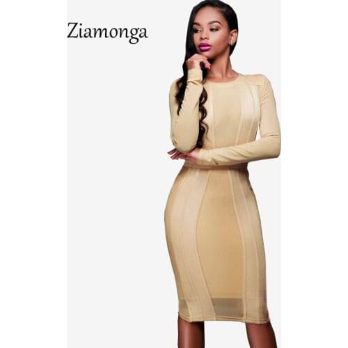 Ziamonga Long Sleeve Dress 2017 Mesh Patchwork Knee Length Midi Pencil Bodycon Dress Women Vestidos Mujer Sexy Bandage Dress