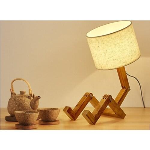 Robot Shape Wooden Table Lamp E27 Lamp Holder AC 110-240V Modern Cloth Art Wood Desk Table Lamp Parlor Indoor Study Night Light