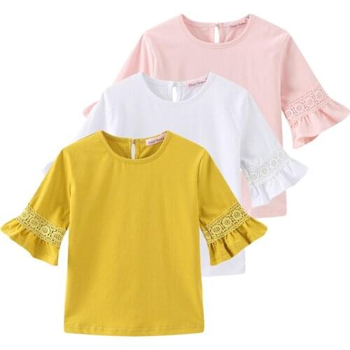 2-14 Yrs Big Girls Lace Shirt Summer Round Neck Kids Shirt Middle Length Flare Sleeve Princess Girls Blouse Toddler Tops Child