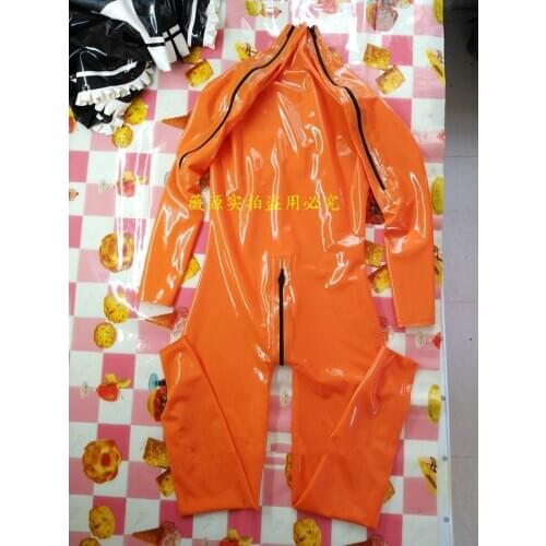 Sexy Mens Full Body Latex Catsuit Handmade Double Shoulders Zipper Rubber Tight Jumpsuit Clothing with Crotch Zip