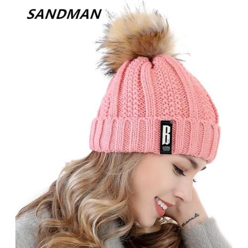SANDMAN High Quality Letter B Beanies Cotton Add Wool Fur Ball Cap Pom Poms Winter Hat For Women Hat Knitted Warm Beanies Cap